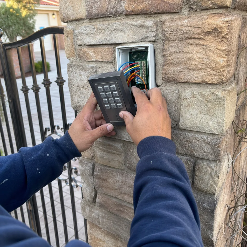Technician repairing a gate access control keypad on a stone pillar nationwide