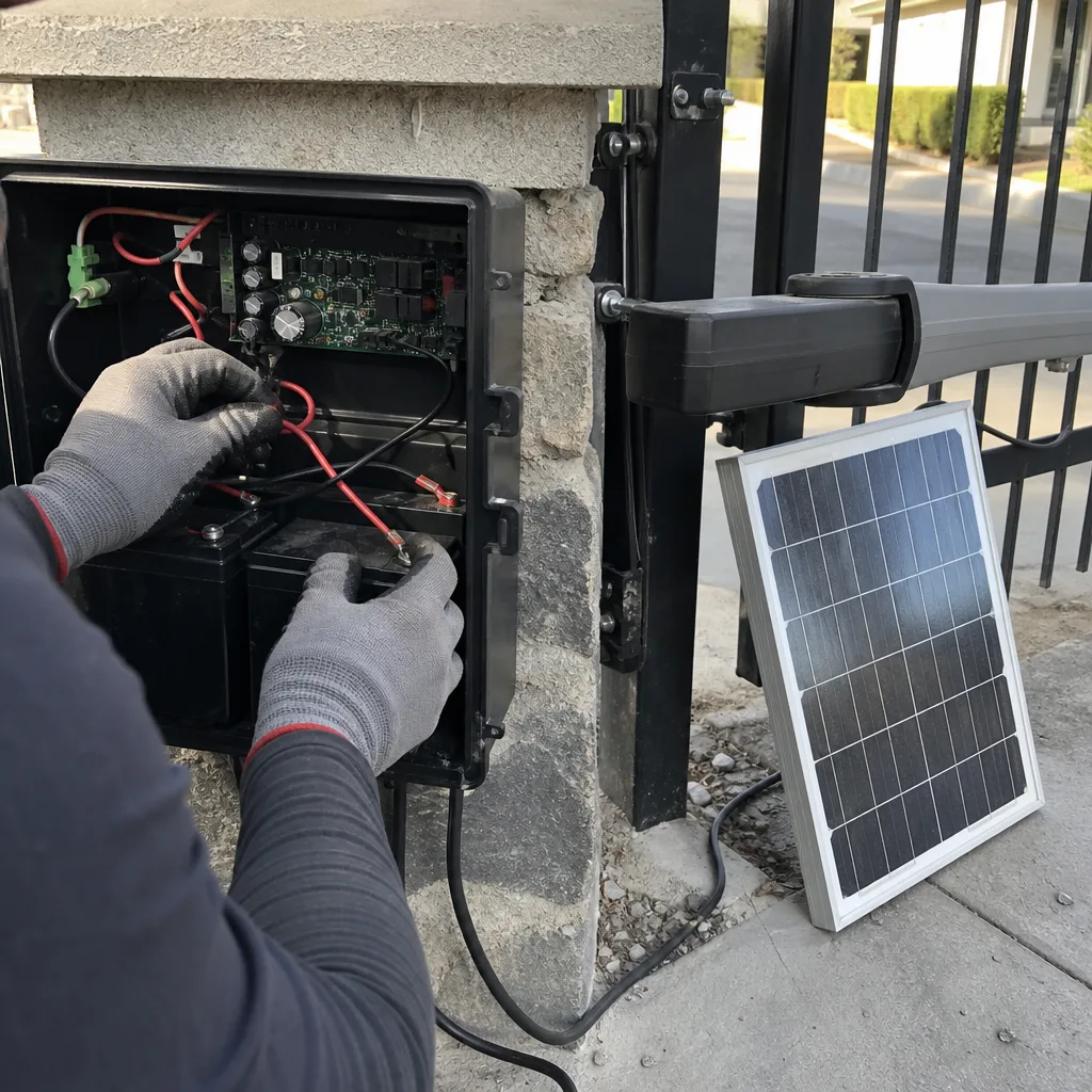 Technician performing maintenance on electronic gate access control system and solar panel. nationwide