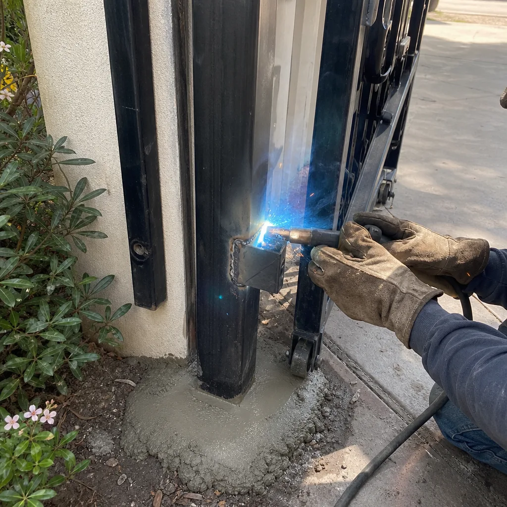 Technician performing professional metal gate welding and repair service