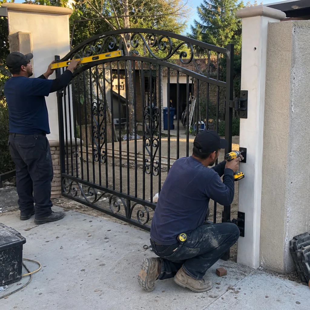 Two professional contractors installing a decorative black metal driveway gate.