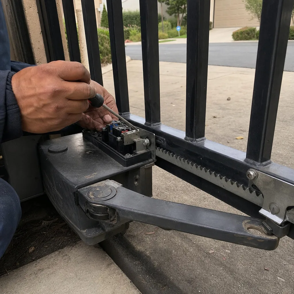 Technician performing automatic gate motor and opener repair on driveway gate nationwide