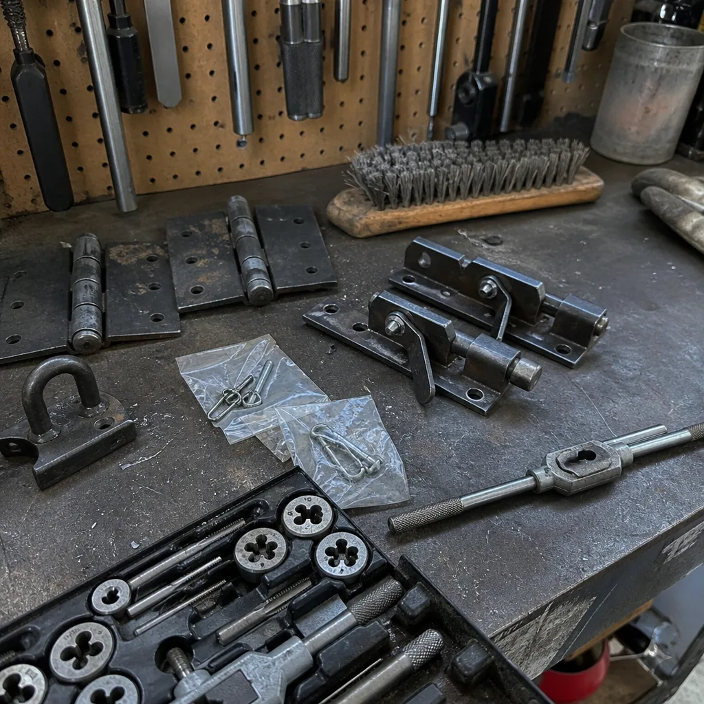 Assorted gate hardware and professional welding tools on a metal workbench. in Tustin, CA