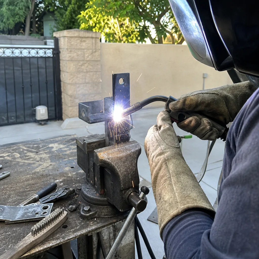 Professional welder performing metal gate parts welding and repair nationwide